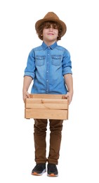 Photo of Little boy with wooden crate pretending to be farmer on white background. Dreaming about future profession