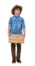 Photo of Little boy with wooden crate pretending to be farmer on white background. Dreaming about future profession