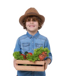 Photo of Little boy with vegetables pretending to be farmer on white background. Dreaming about future profession