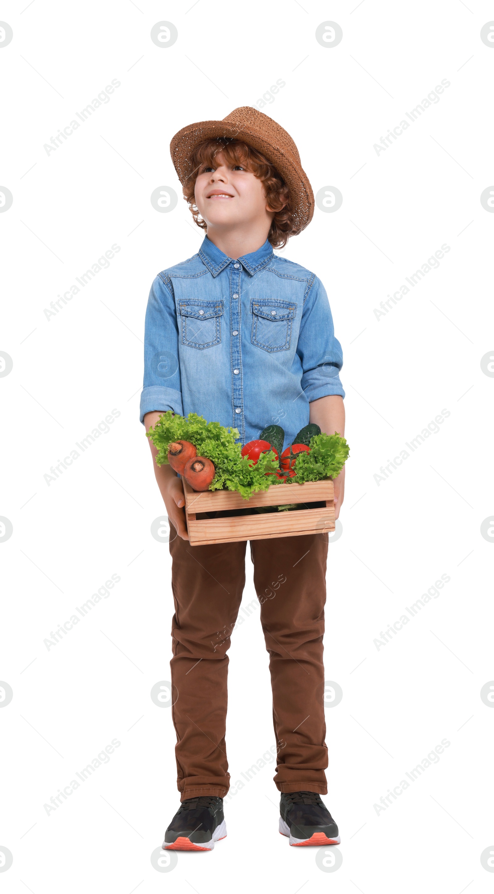 Photo of Little boy with vegetables pretending to be farmer on white background. Dreaming about future profession