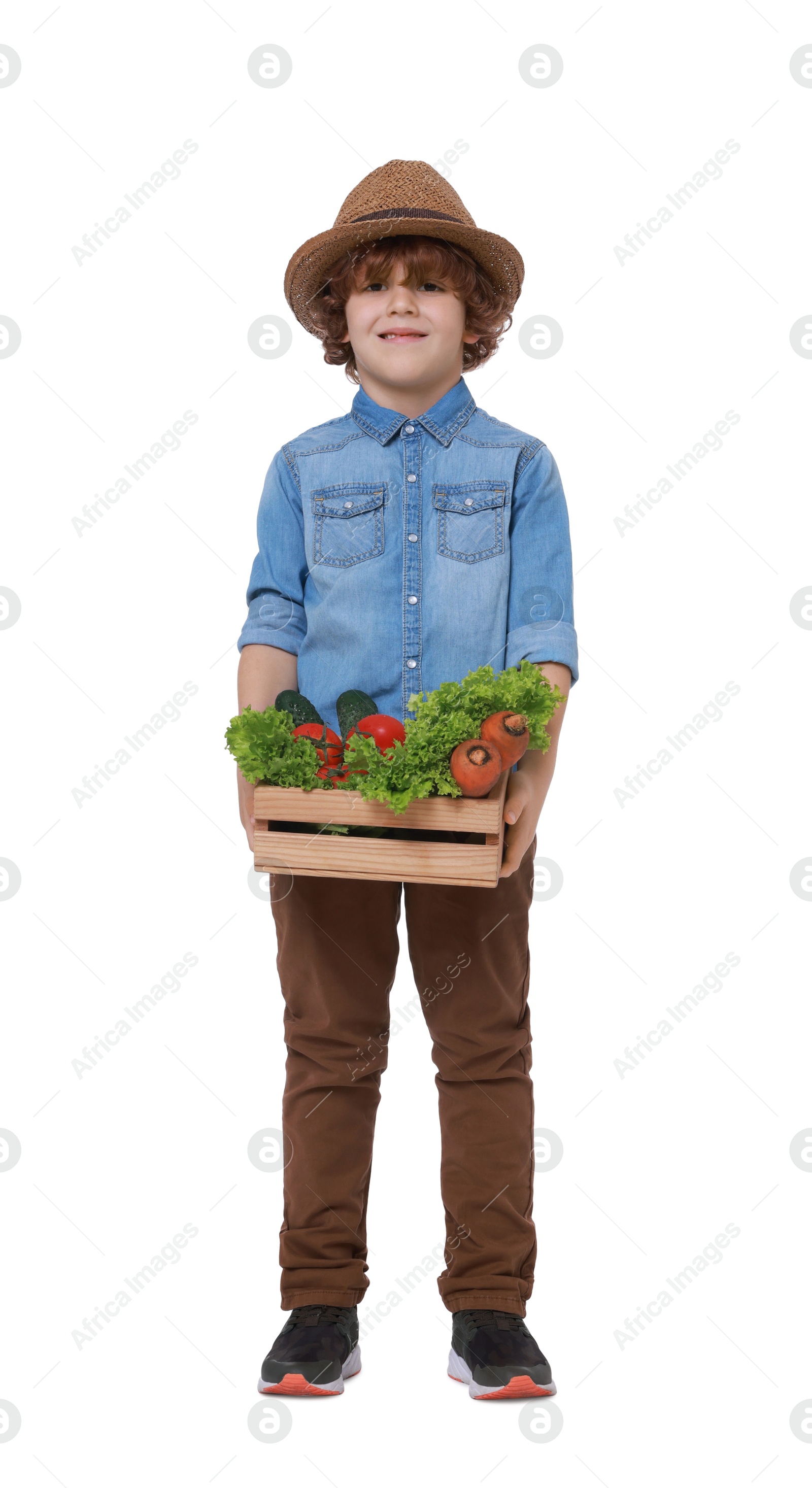 Photo of Little boy with vegetables pretending to be farmer on white background. Dreaming about future profession