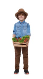 Little boy with vegetables pretending to be farmer on white background. Dreaming about future profession