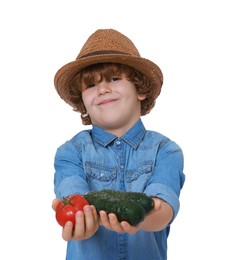 Photo of Little boy with vegetables pretending to be farmer on white background. Dreaming about future profession