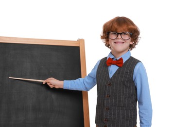 Photo of Little boy with pointer near chalkboard pretending to be teacher on white background. Dreaming about future profession