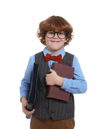 Photo of Little boy with book and folder on white background. Dreaming about future profession