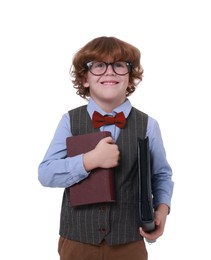 Photo of Little boy with book and folder on white background. Dreaming about future profession