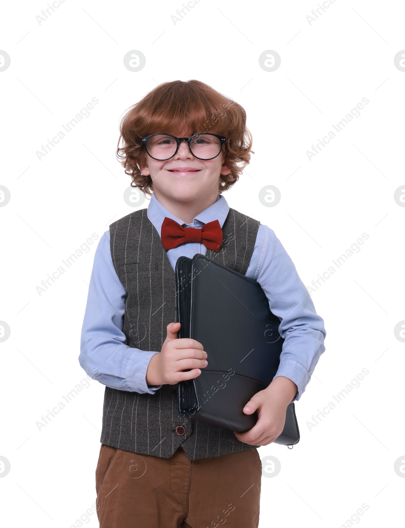 Photo of Little boy with book and folder on white background. Dreaming about future profession