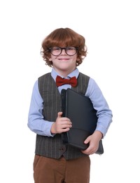 Photo of Little boy with book and folder on white background. Dreaming about future profession