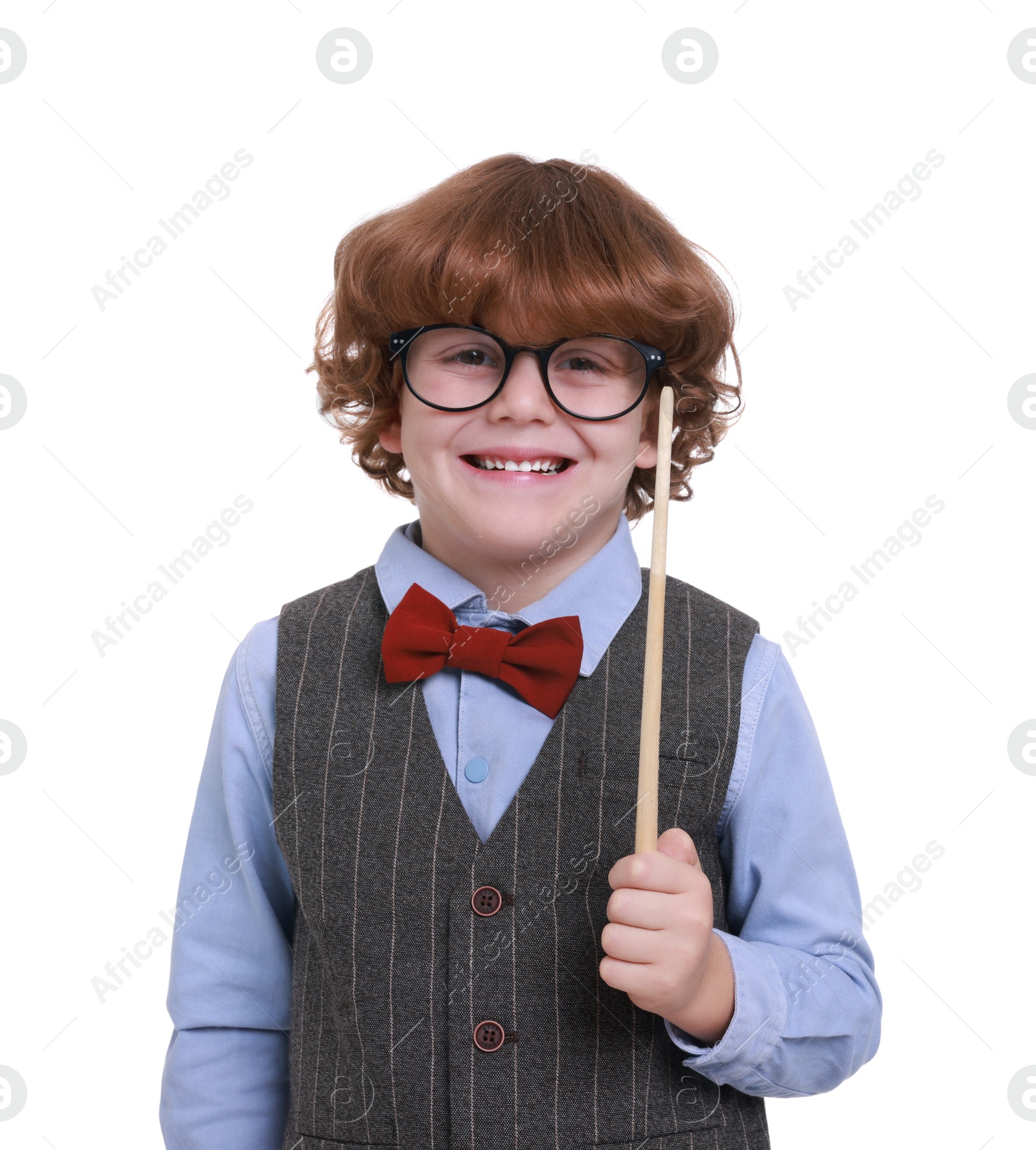 Photo of Little boy with pointer pretending to be teacher on white background. Dreaming about future profession