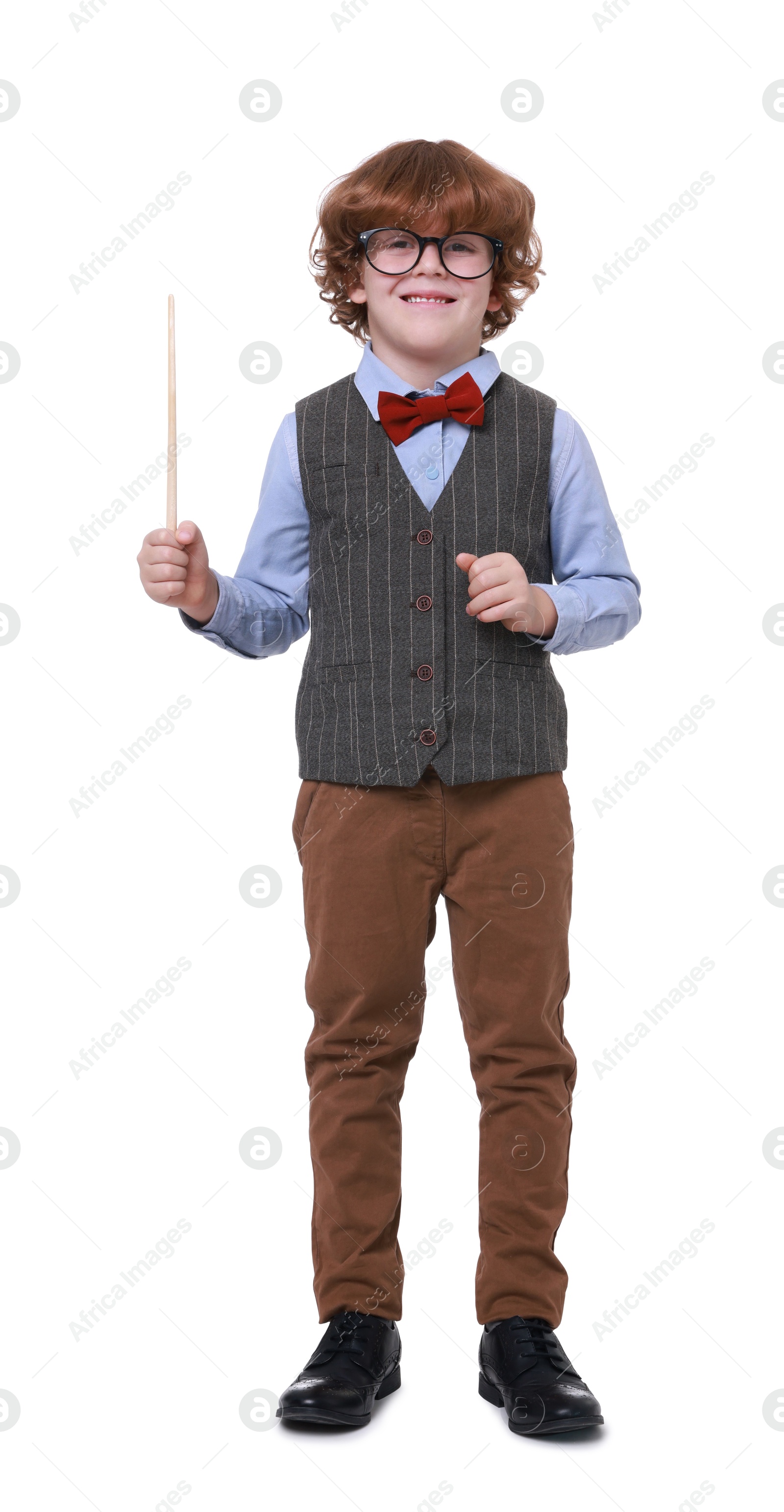 Photo of Little boy with pointer pretending to be teacher on white background. Dreaming about future profession