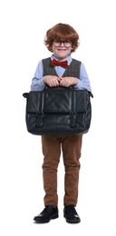 Photo of Little boy with glasses and briefcase on white background. Dreaming about future profession