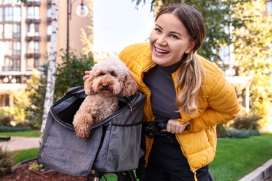 Woman with bicycle and cute Toy Poodle dog in pet carrier outdoors