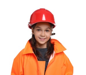 Photo of Girl with hardhat and vest pretending to be firefighter on white background. Dreaming of future profession