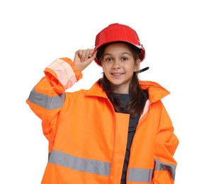 Photo of Girl with hardhat and vest pretending to be firefighter on white background. Dreaming of future profession