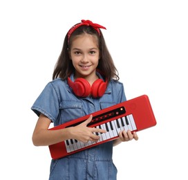 Photo of Girl with headphones and electric piano pretending to be musician on white background. Dreaming of future profession