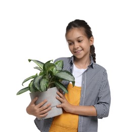 Photo of Girl with potted plant pretending to be gardener on white background. Dreaming of future profession