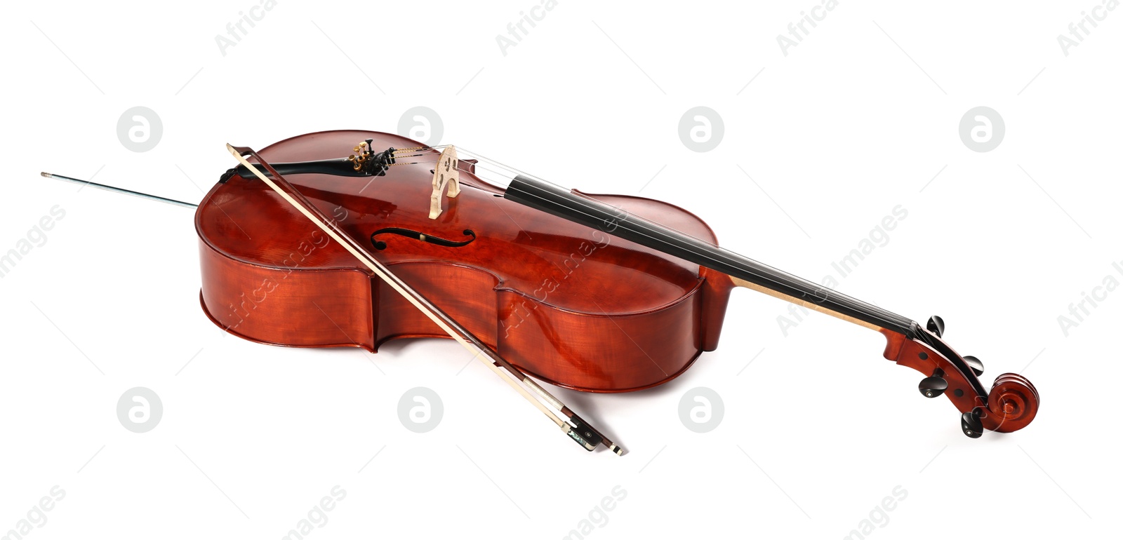 Photo of Beautiful cello isolated on white. Classic musical instrument