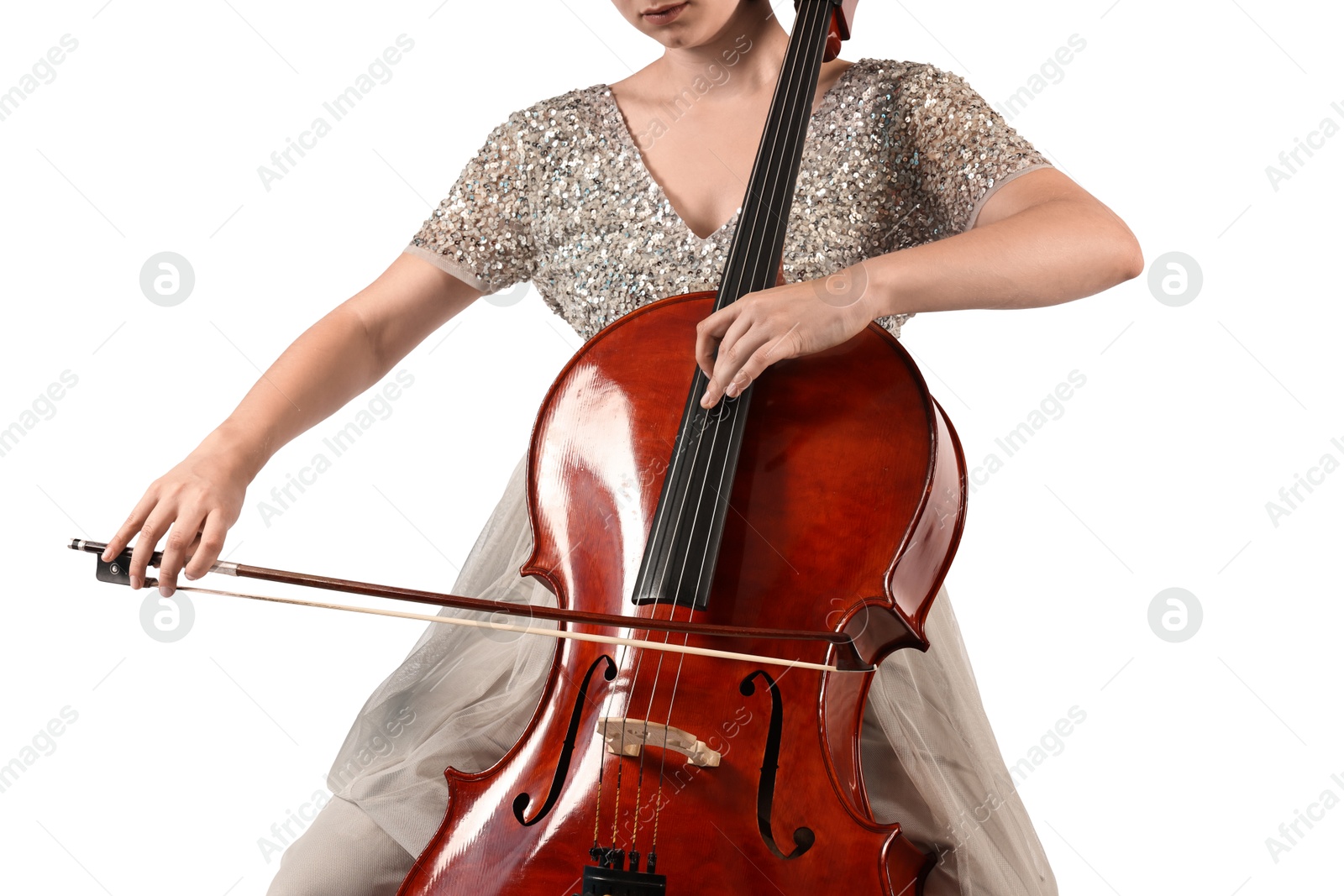 Photo of Young woman playing cello on white background, closeup