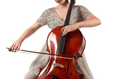 Photo of Young woman playing cello on white background, closeup