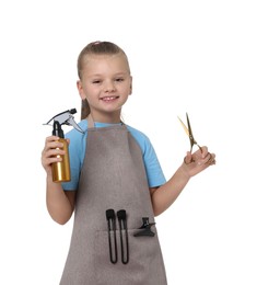 Photo of Little girl with scissors and sprayer pretending to be hairdresser on white background. Dreaming of future profession