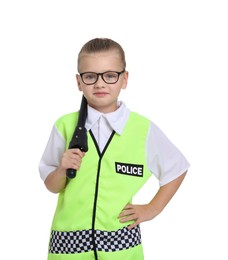 Photo of Little girl with baton pretending to be policewoman on white background. Dreaming of future profession