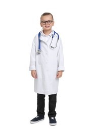 Photo of Little girl with stethoscope pretending to be doctor on white background. Dreaming of future profession