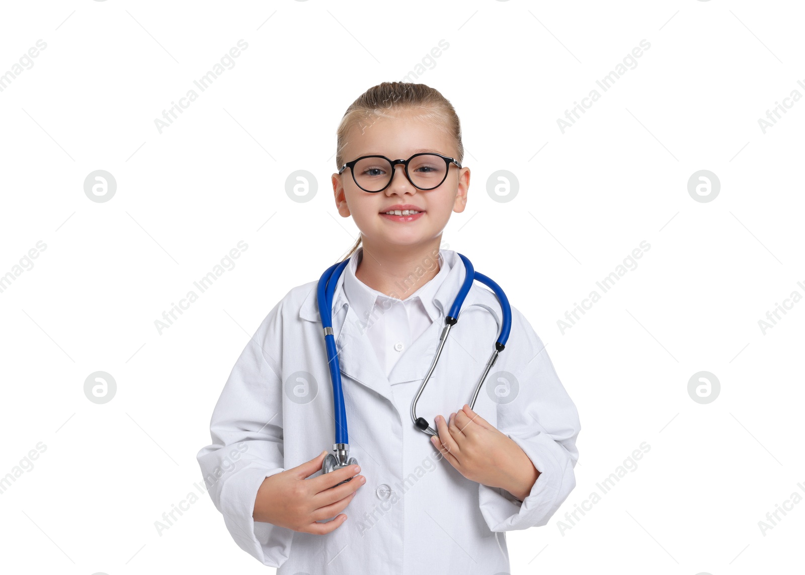 Photo of Little girl with stethoscope pretending to be doctor on white background. Dreaming of future profession