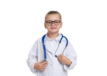 Photo of Little girl with stethoscope pretending to be doctor on white background. Dreaming of future profession