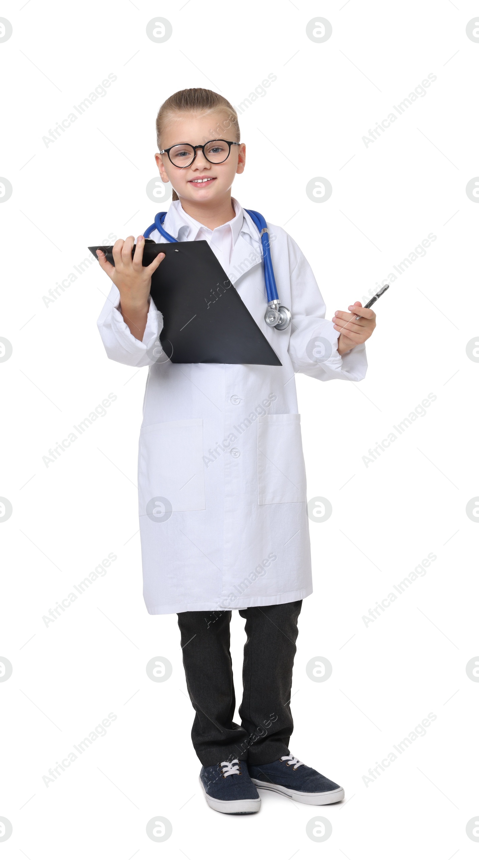 Photo of Little girl with stethoscope and clipboard pretending to be doctor on white background. Dreaming of future profession