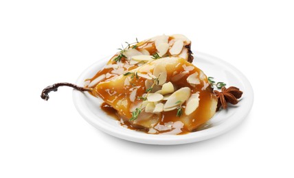 Photo of Delicious pears with caramel sauce, almond flakes and spices isolated on white