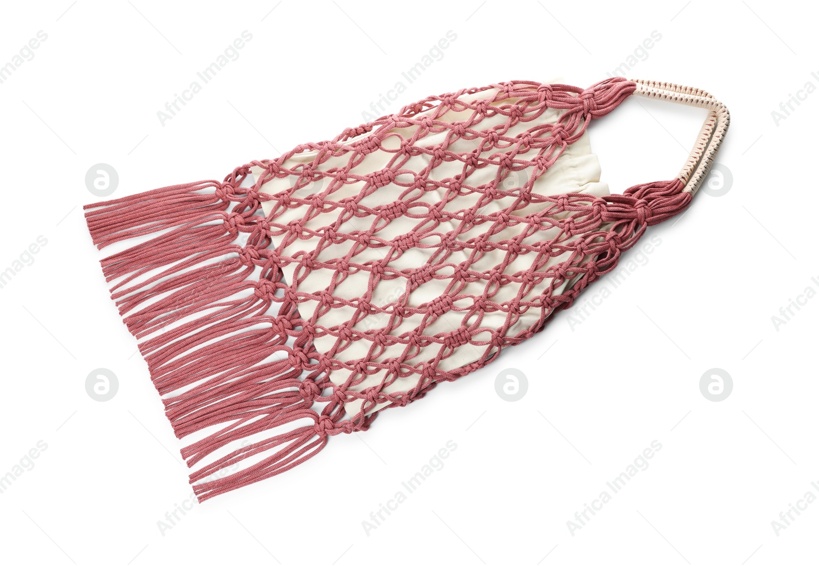 Photo of Handmade macrame shopping bag isolated on white, top view