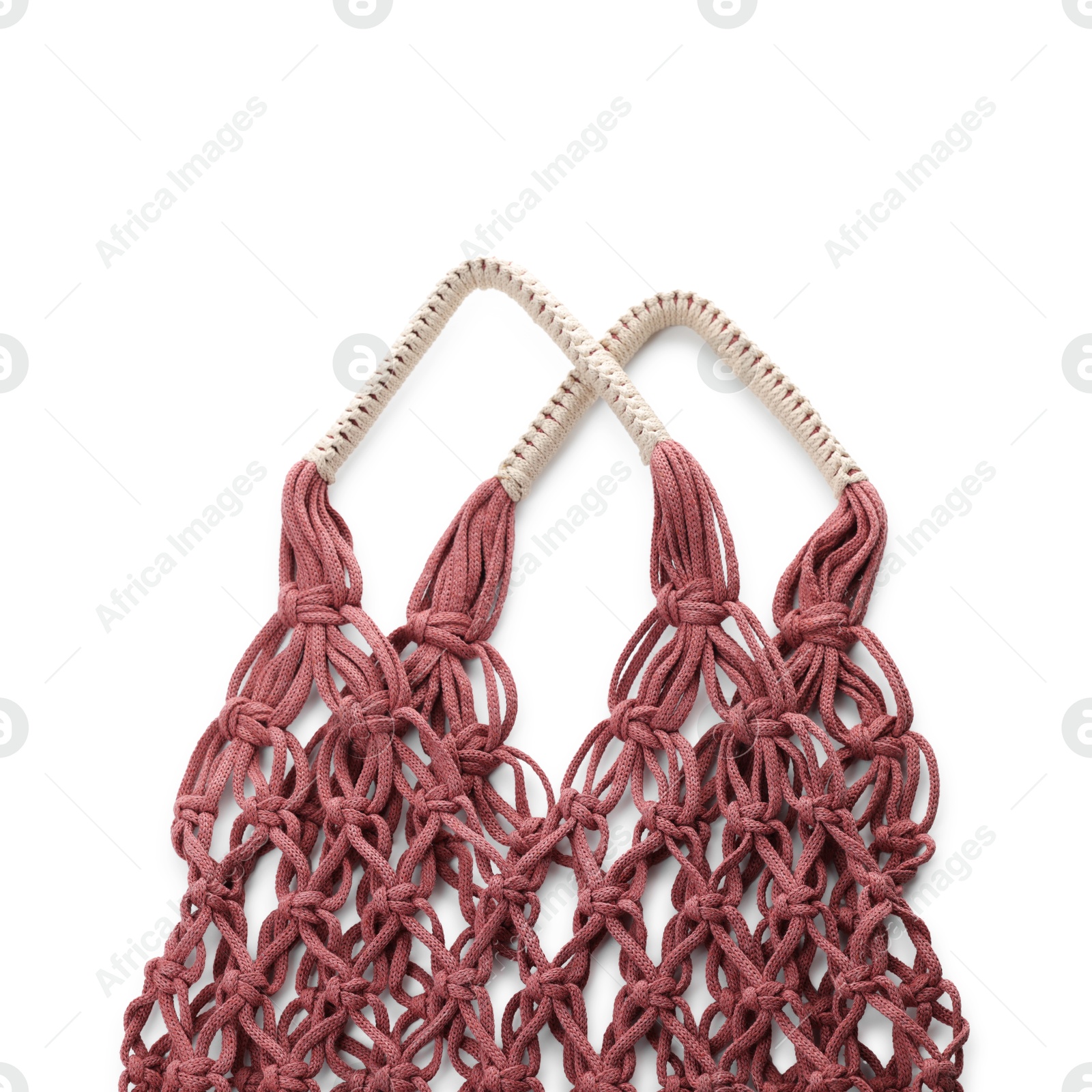 Photo of Handmade macrame shopping bag isolated on white, top view