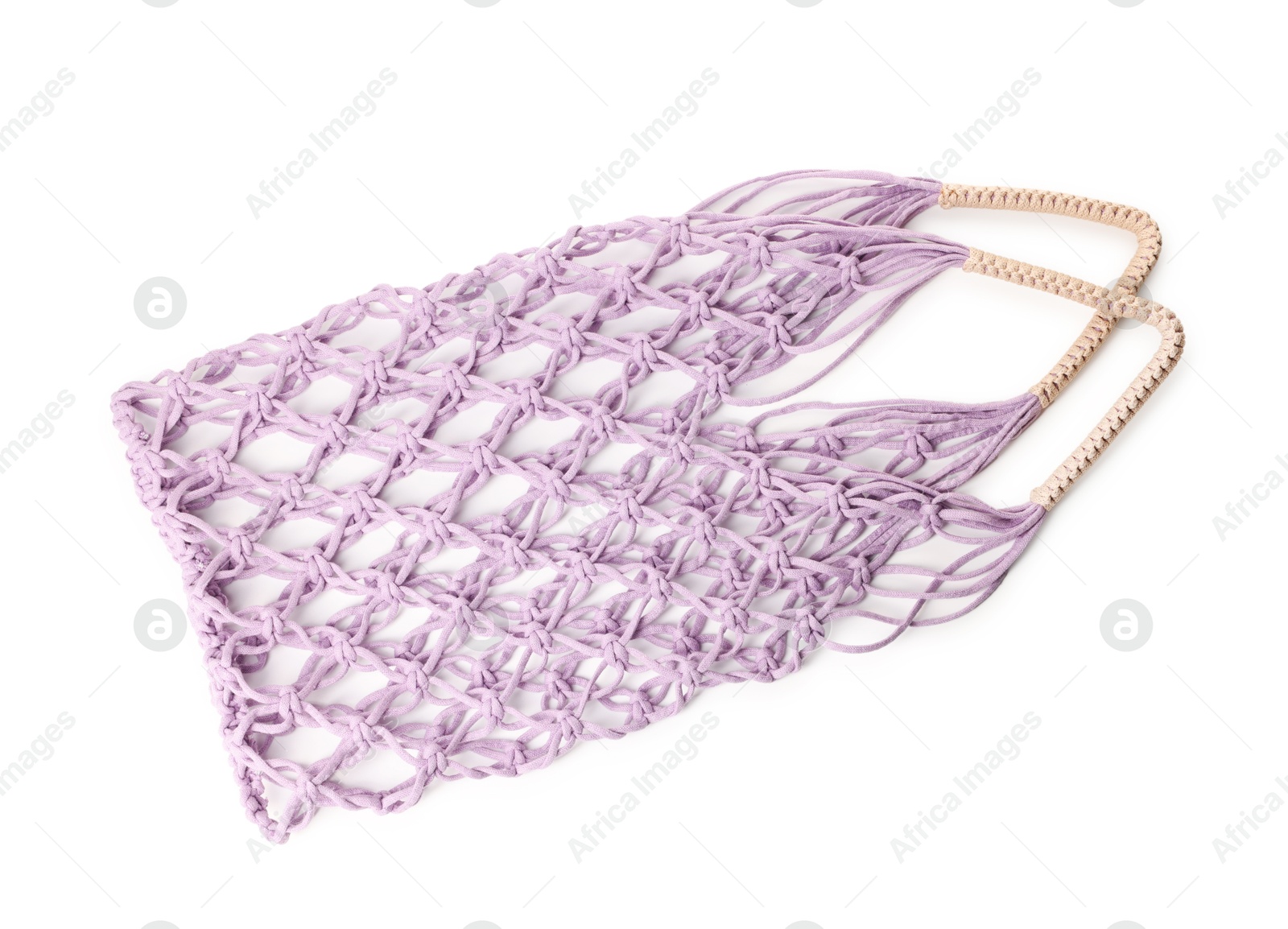 Photo of Handmade macrame shopping bag isolated on white, top view