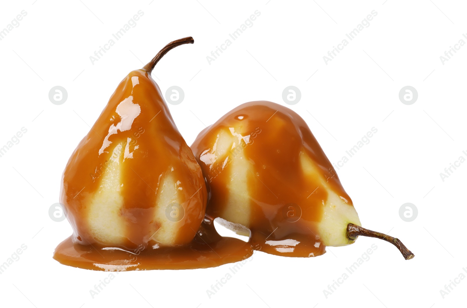 Photo of Delicious pears with caramel sauce isolated on white