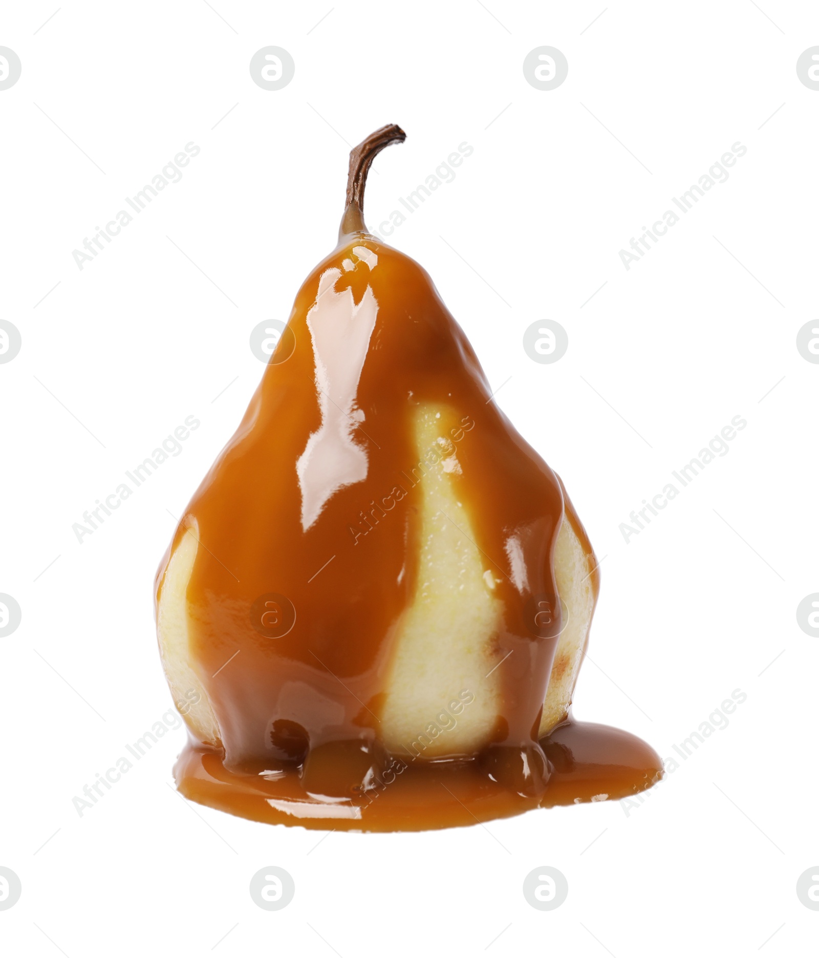 Photo of Delicious pear with caramel sauce isolated on white