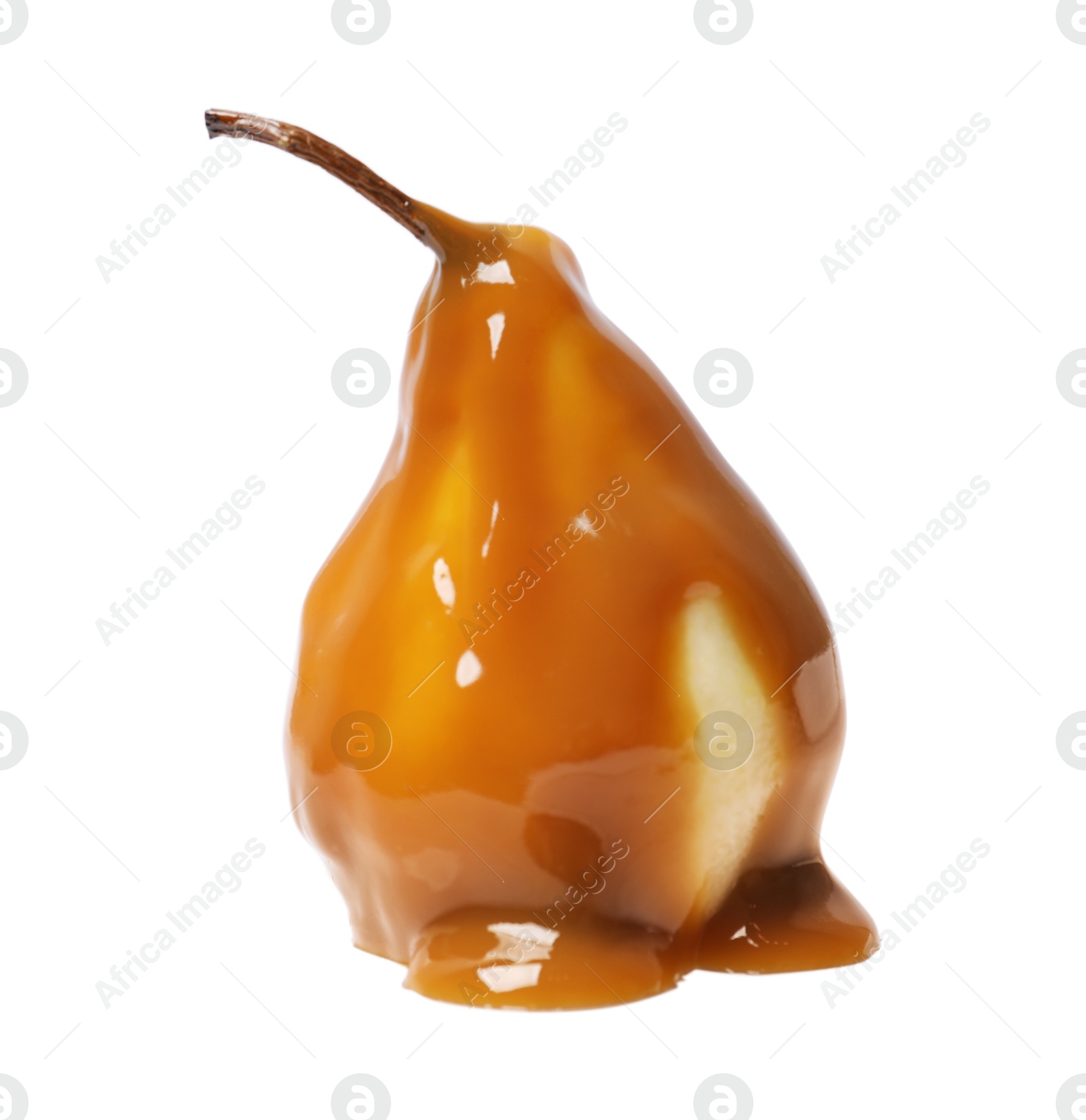 Photo of Delicious pear with caramel sauce isolated on white