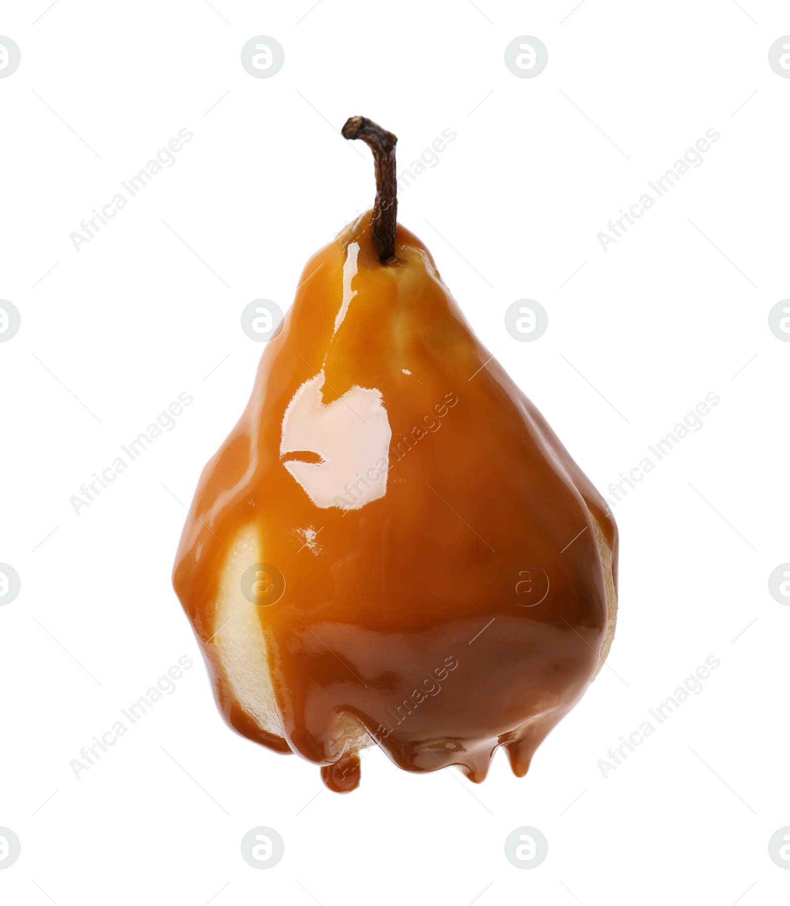 Photo of Delicious pear with caramel sauce isolated on white