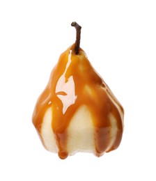 Delicious pear with caramel sauce isolated on white