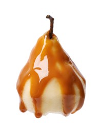 Delicious pear with caramel sauce isolated on white