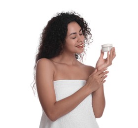 Photo of Beautiful woman with jar of cream on white background