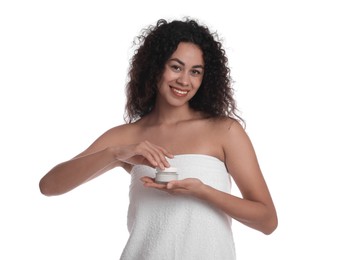 Photo of Beautiful woman with jar of cream on white background