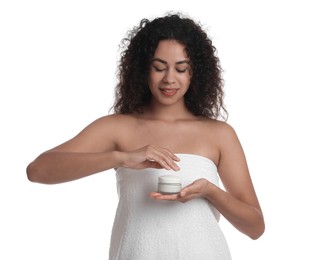 Photo of Beautiful woman with jar of cream on white background