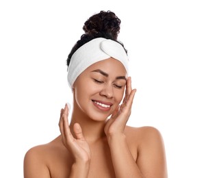 Photo of Beautiful woman applying cream onto face against white background