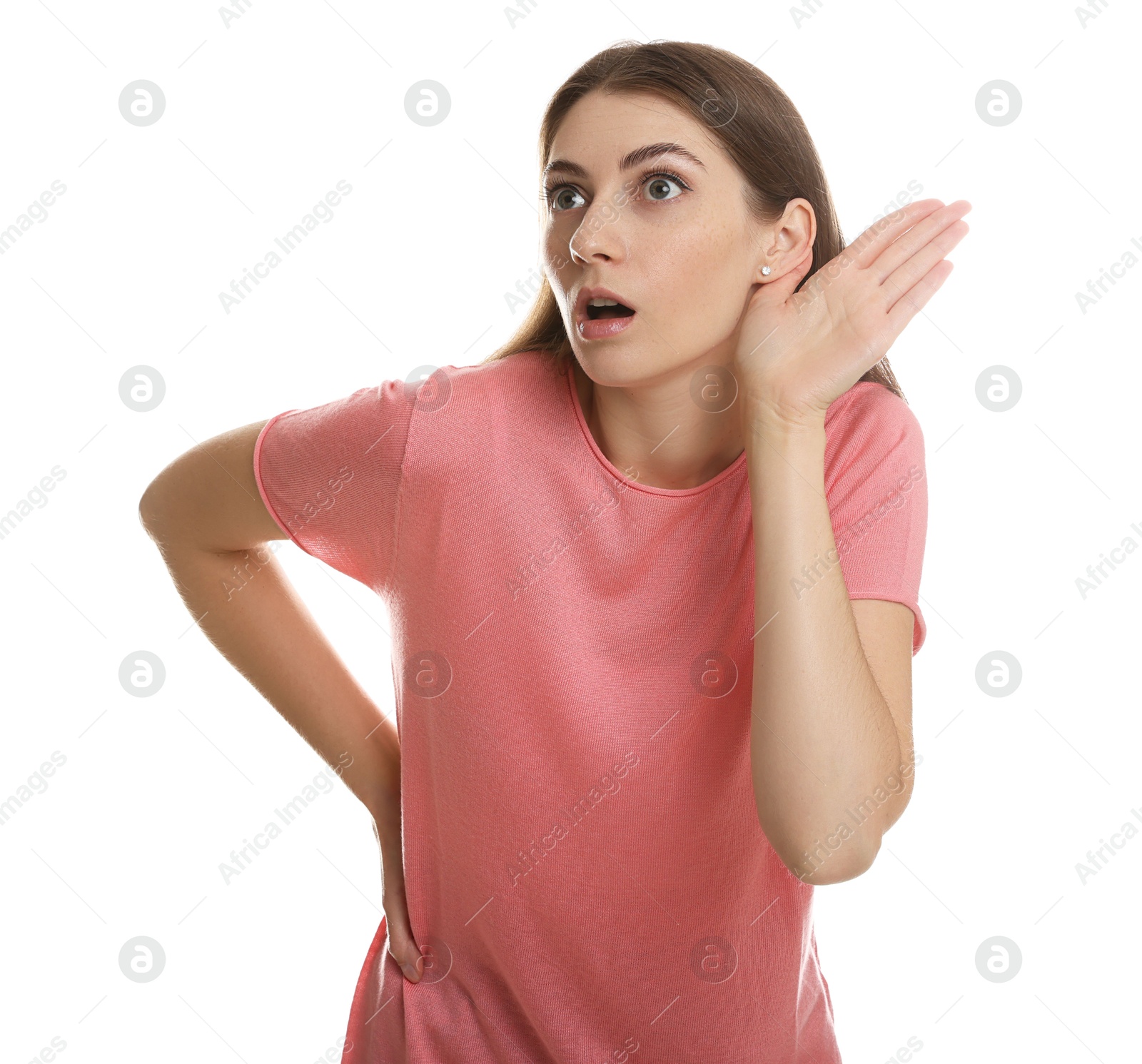 Photo of Woman showing hand to ear gesture on white background