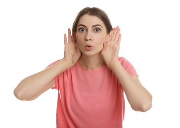 Photo of Woman showing hand to ear gesture on white background