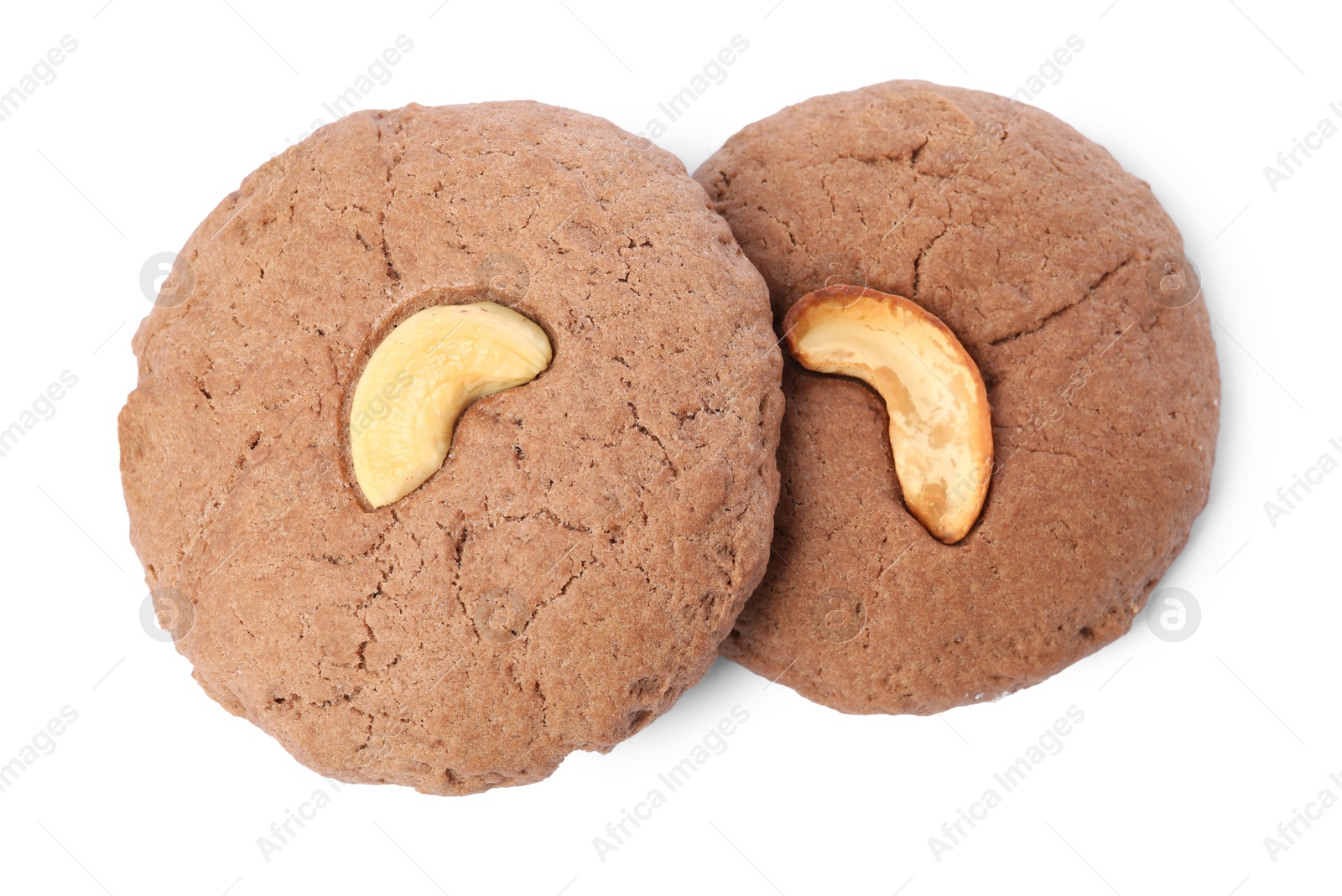 Photo of Tasty chocolate cookies with cashew isolated on white, top view