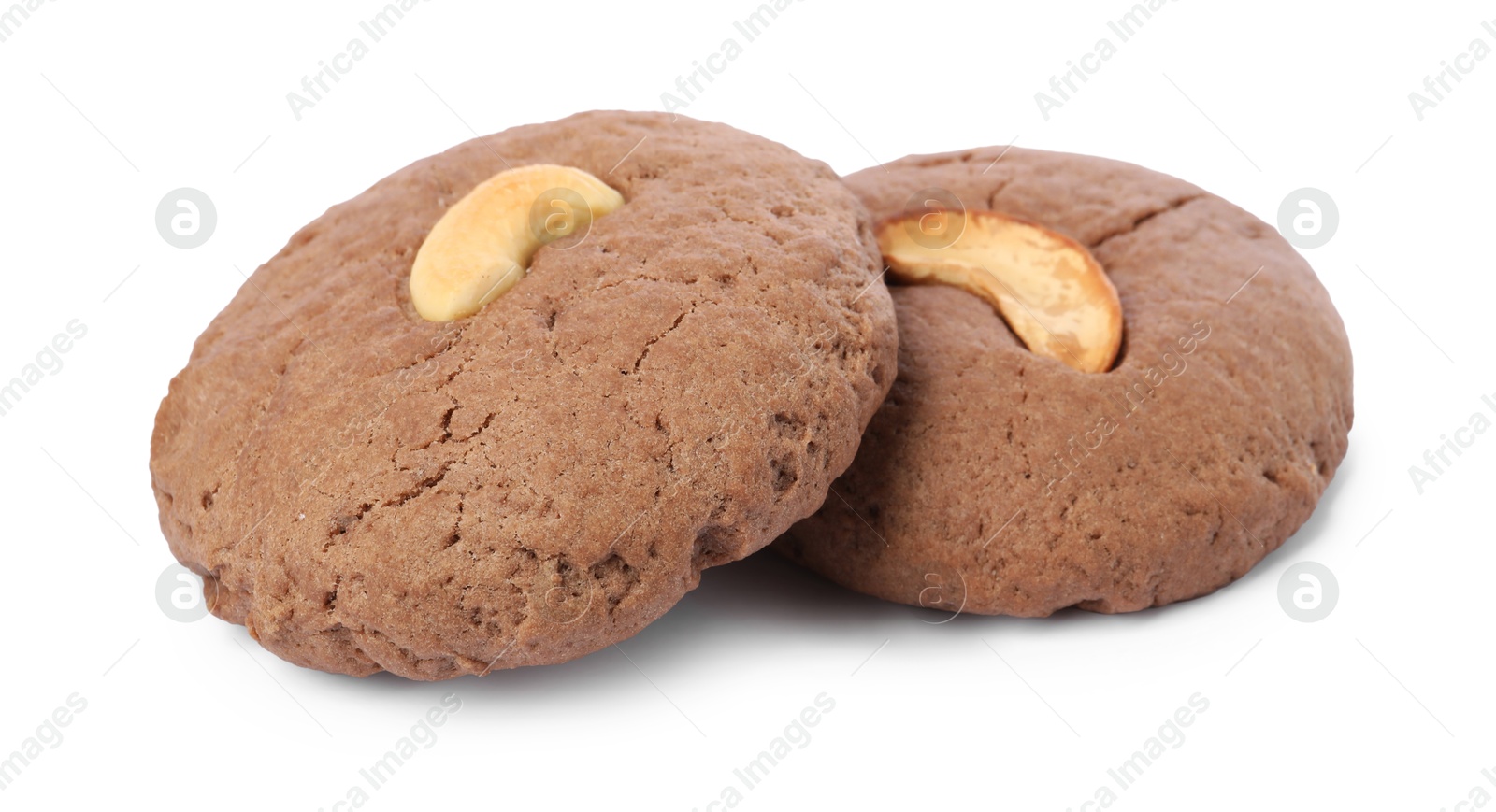 Photo of Tasty chocolate cookies with cashew isolated on white