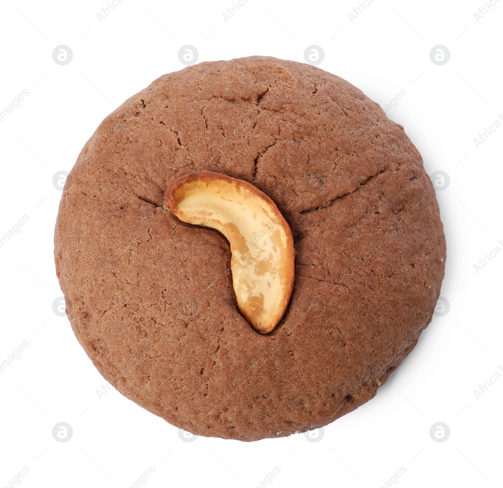 Photo of One tasty chocolate cookie with cashew isolated on white, top view