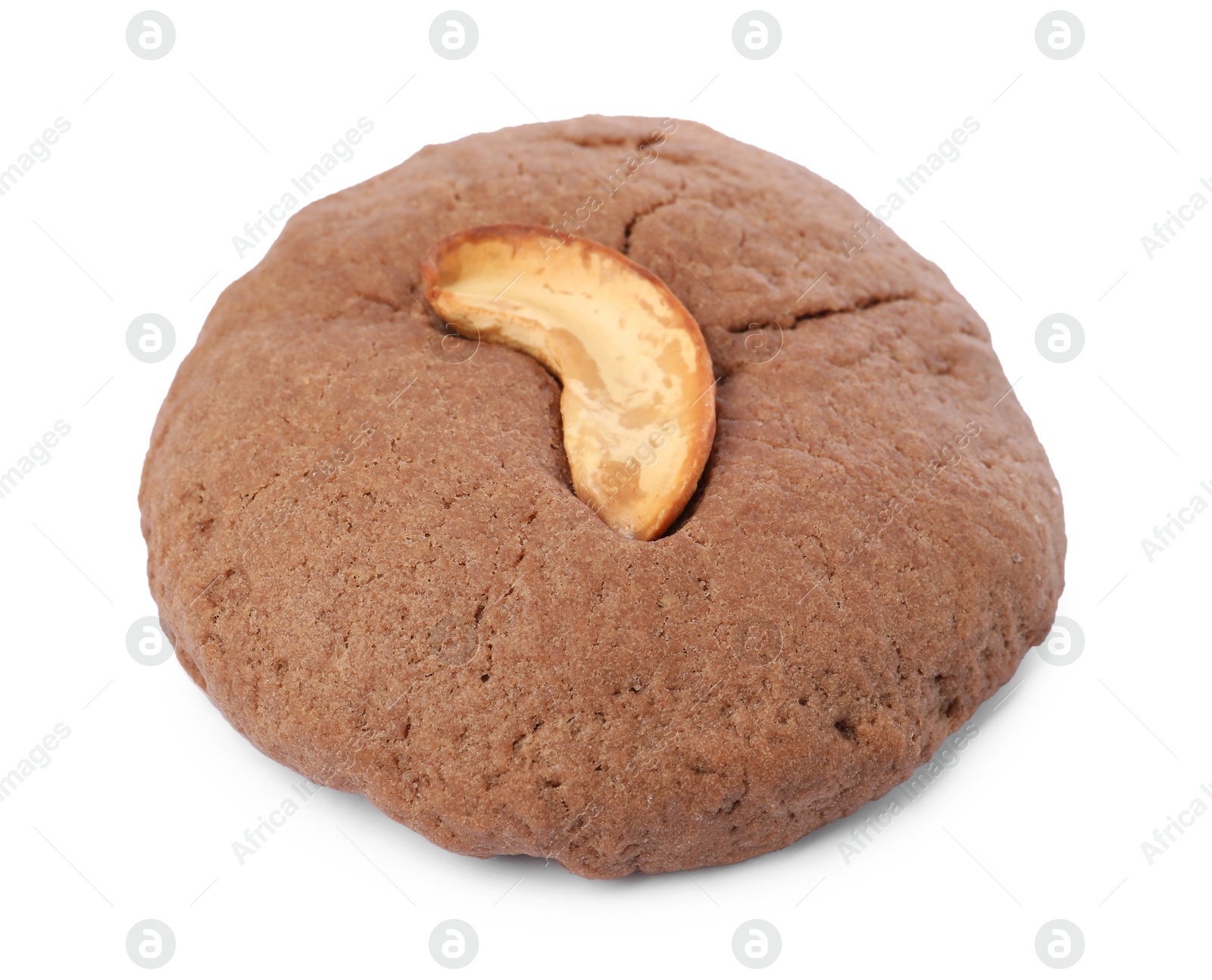 Photo of One tasty chocolate cookie with cashew isolated on white