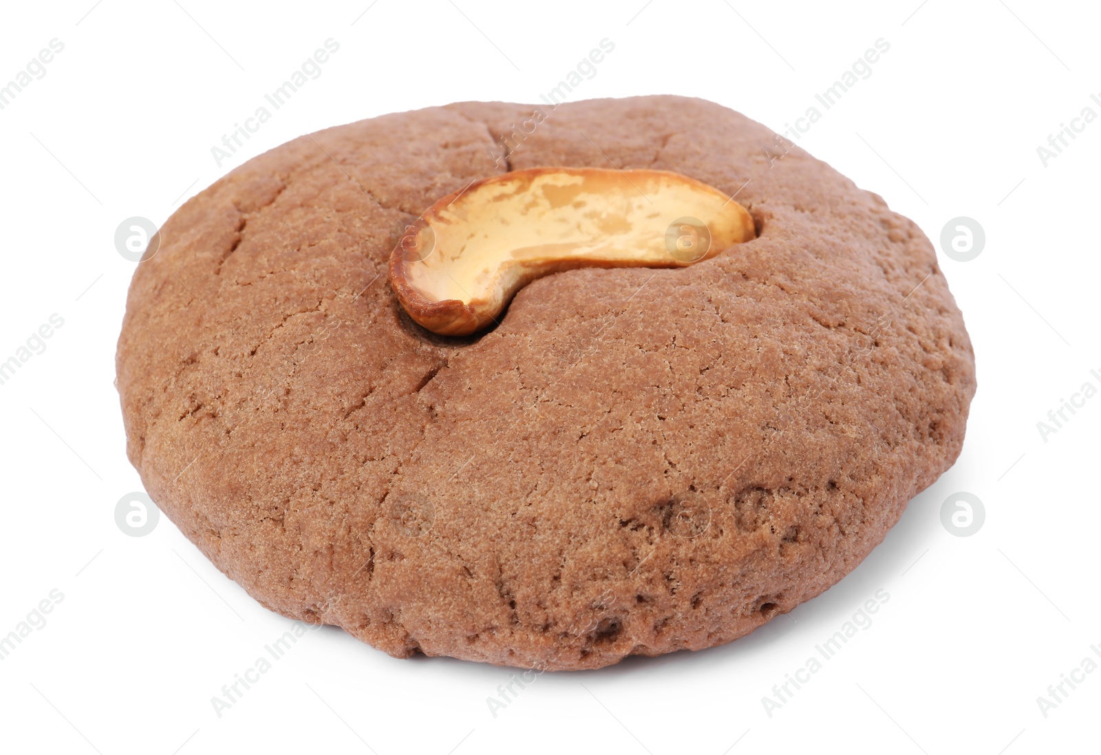 Photo of One tasty chocolate cookie with cashew isolated on white